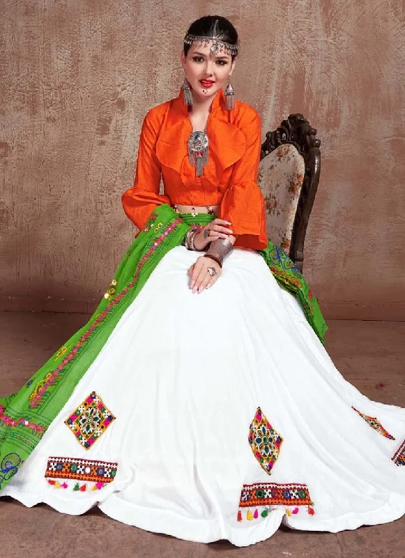 White And Orange Color Cotton Base Navratri Special Mirror Work Lehenga Choli Elegant unclassified dresses