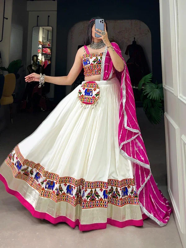 White Pure Rayon Gamthi Worked Navratri Lehenga Choli Set Lounge unclassified dresses