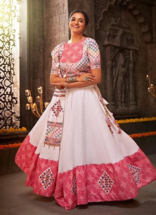 White With Pink Gamthi Mirror Work Navratri Lehenga Choli Formal unclassified dresses