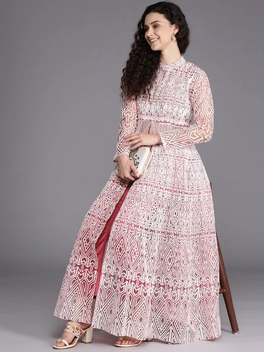 Women Pink & White Embroidered High Slit Thread Work Kurta with Trousers Bright color unclassified dresses