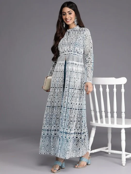 Women Teal Blue & White Embroidered High Slit Thread Work Kurta with Trousers Printed unclassified dresses