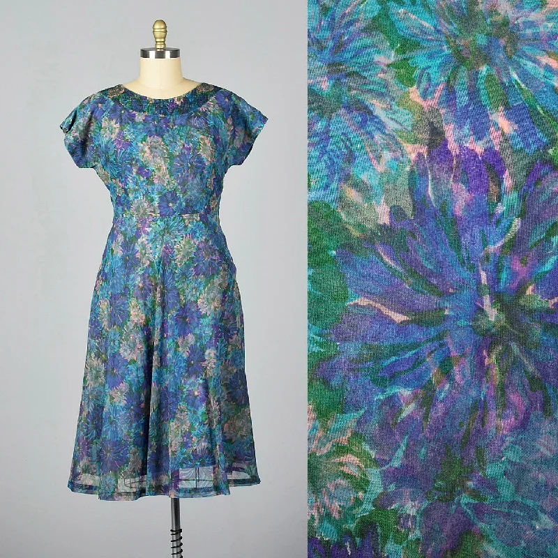 1950s Blue Floral Print Dress with Chiffon Overlay Stretchy floral dresses