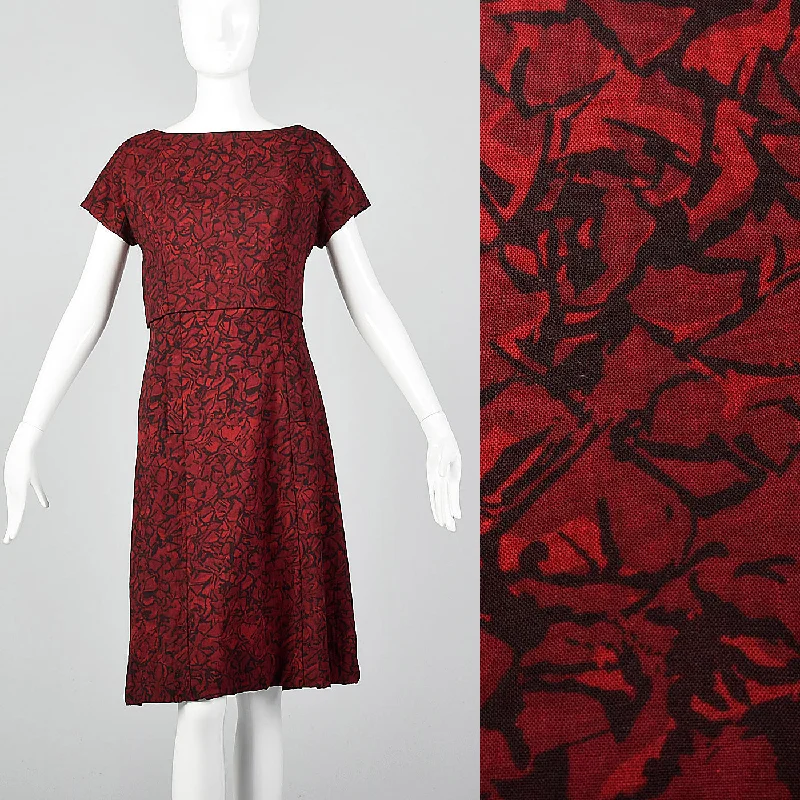 1960s Black and Red Print Dress with Mesh Bodice and Matching Overlay Top Petite floral dresses