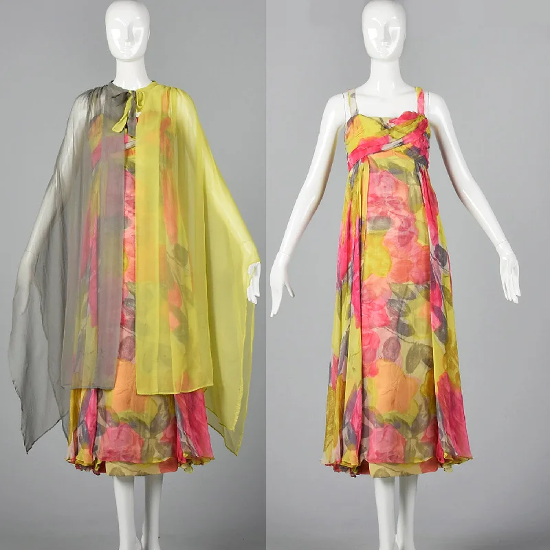 1960s Silk Floral Dress with Color Block Cape Lace floral dresses