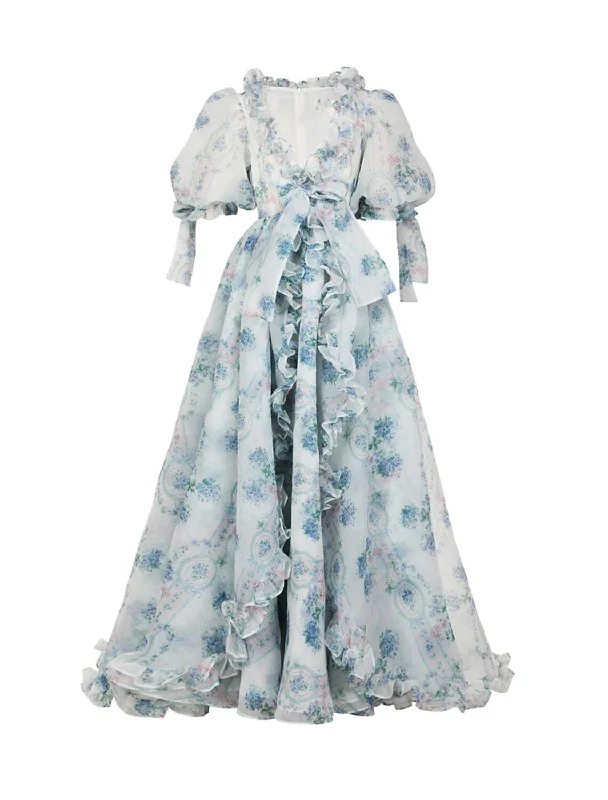 A-Line Prom Dresses Floral Dress Party Wear Asymmetrical Half Sleeve V Neck with Print Bow(s) Chiffon floral dresses