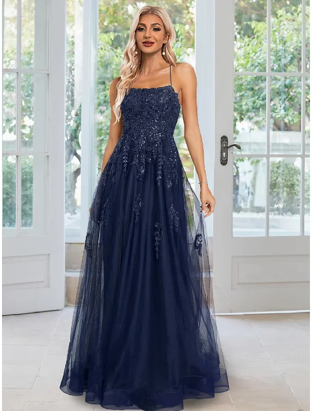 A-Line Sheath / Column Evening Gown Floral Dress Formal Floor Length Sleeveless Spaghetti Strap Tulle with Sequin Appliques Fashion Nova floral dresses