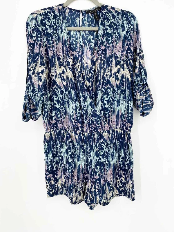 BCBG Max Azria Women's Cade Blue Print Faux Wrap Abstract Size S Romper Best floral dresses for hourglass body shape