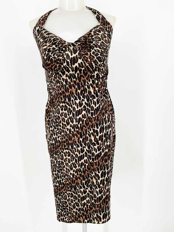 Betsey Johnson Women's Tan/black Halter Silk Blend Animal Print Date Night Dress Linen floral dresses