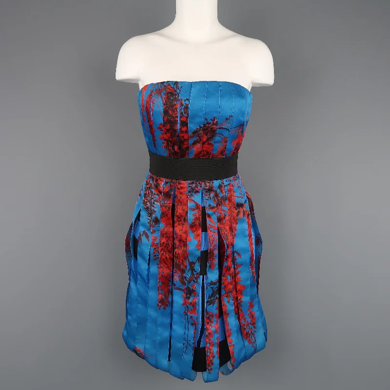 CHRISTIAN DIOR Size 4 Blue & Red Floral Silk Ribbon Bustier Cocktail Dress Knitted floral dresses