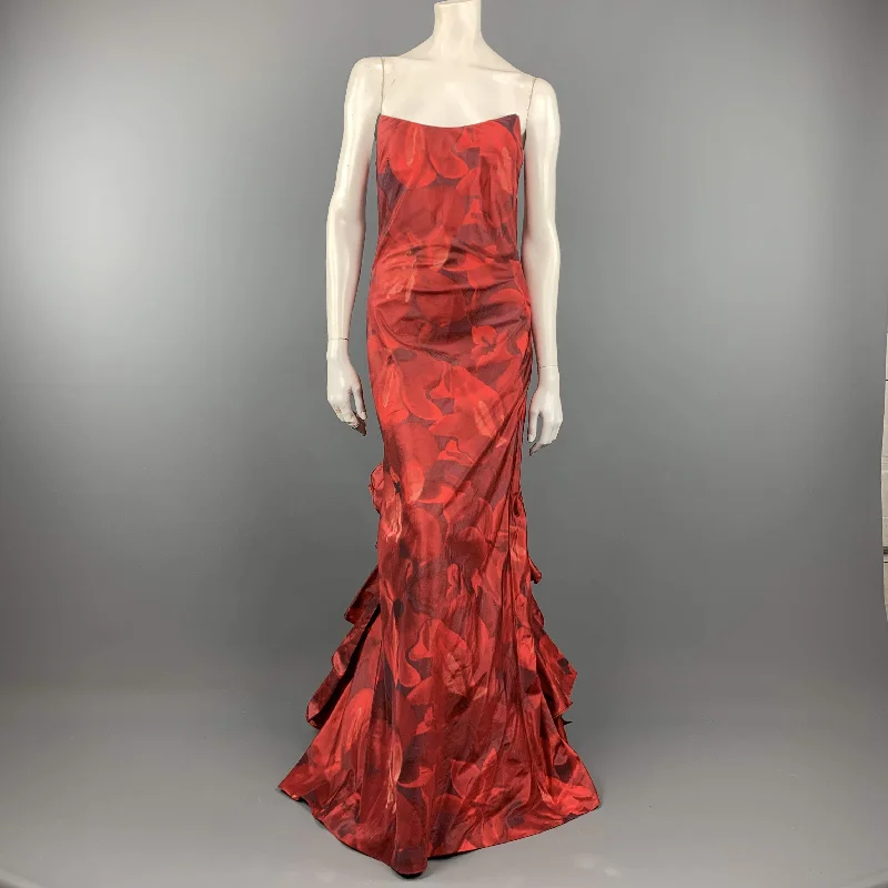 OSCAR DE LA RENTA Fall 2006 - US 8 Red Floral Silk Ruffle Back Gown Dress Preppy floral dresses