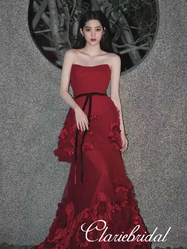 Strapless Red Tulle Prom Dresses, Floral Prom Dresses, Chic Long Prom Dresses, 2020 Prom Dresses Corset floral dresses