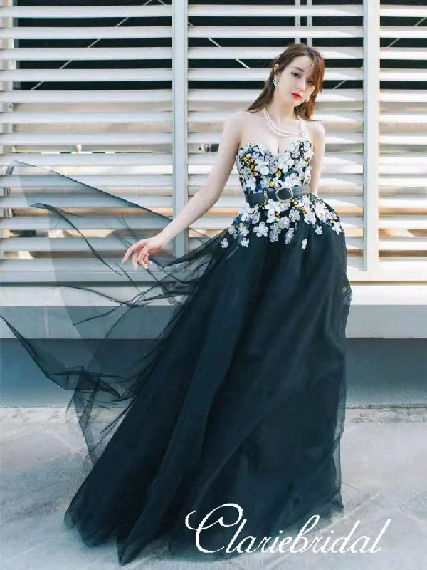 Sweetheart Long A-line Black Tulle Floral Prom Dresses, Appliques Prom Dresses, Newest Prom Dresses Birthday floral dresses