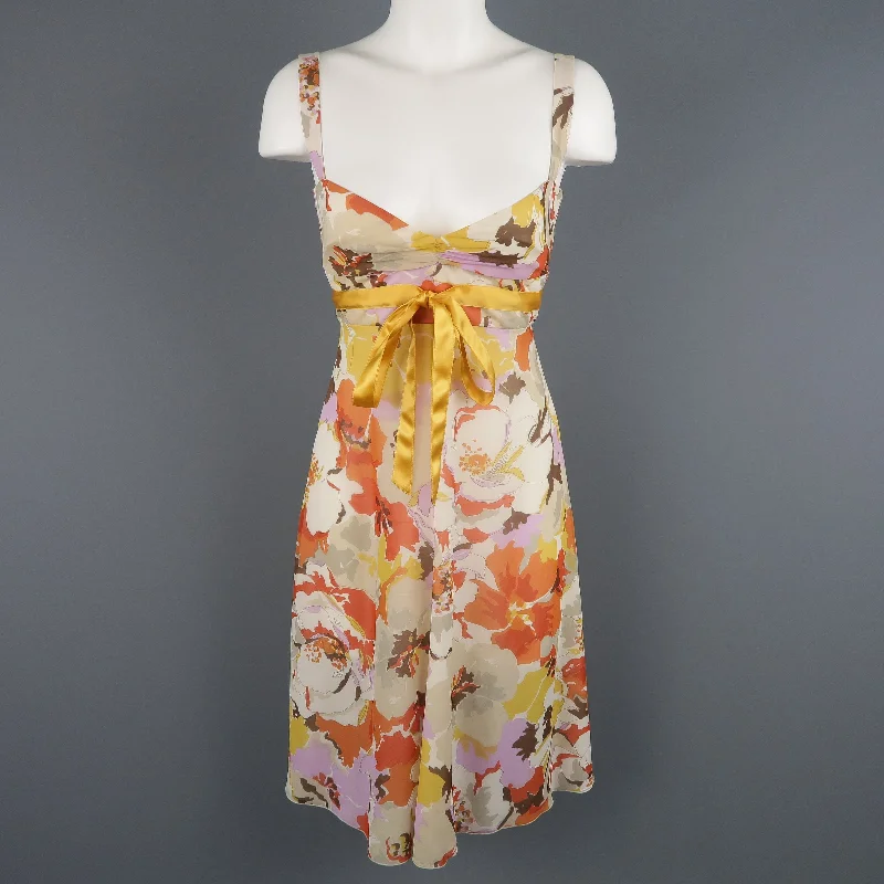 VALENTINO Size M Orange Floral Print Silk Babydoll Dress Best floral dresses for work