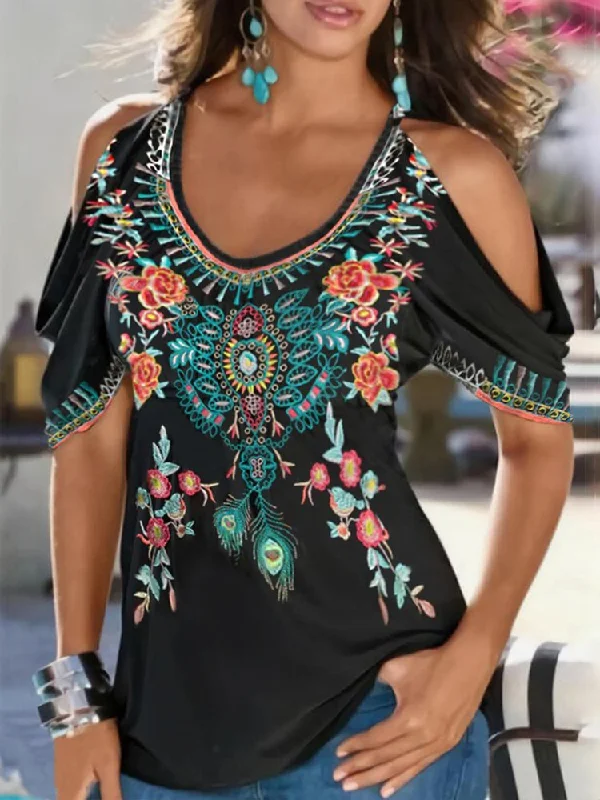 Boho V neck Printed Short Sleeve Short Sleeve T-shirt  QH114 Mini Skirt Look