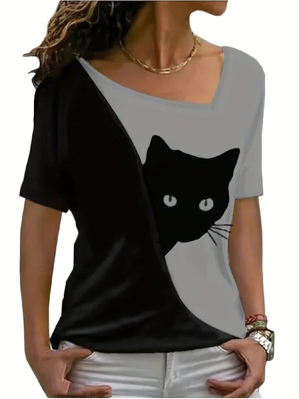 Cat Print Color Block T-Shirt, Asymmetrical Neck Short Sleeve T-Shirt, Casual Every Day Tops, Women' RA1011 Soft Mini Skirt