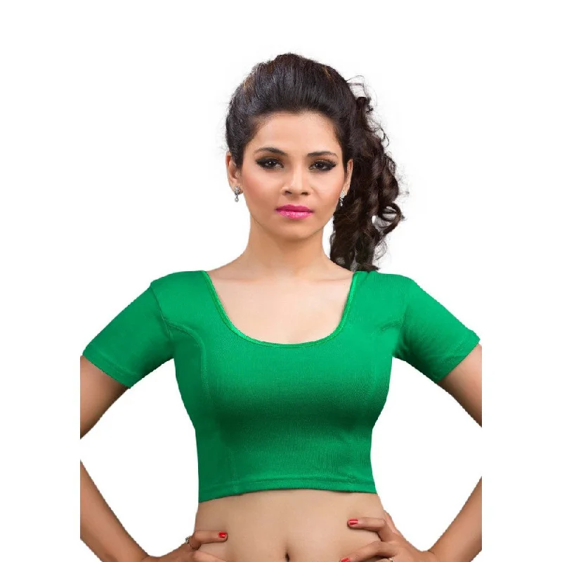 Designer Green Non-Padded Cotton Lycra Stretchable Short Sleeves Saree Blouse Crop Top (A-14-Green) Mini Skirt Party