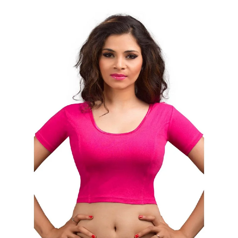 Designer Pink Non-Padded Cotton Lycra Stretchable Short Sleeves Saree Blouse Crop Top (A-14-Pink) Classic Denim Mini