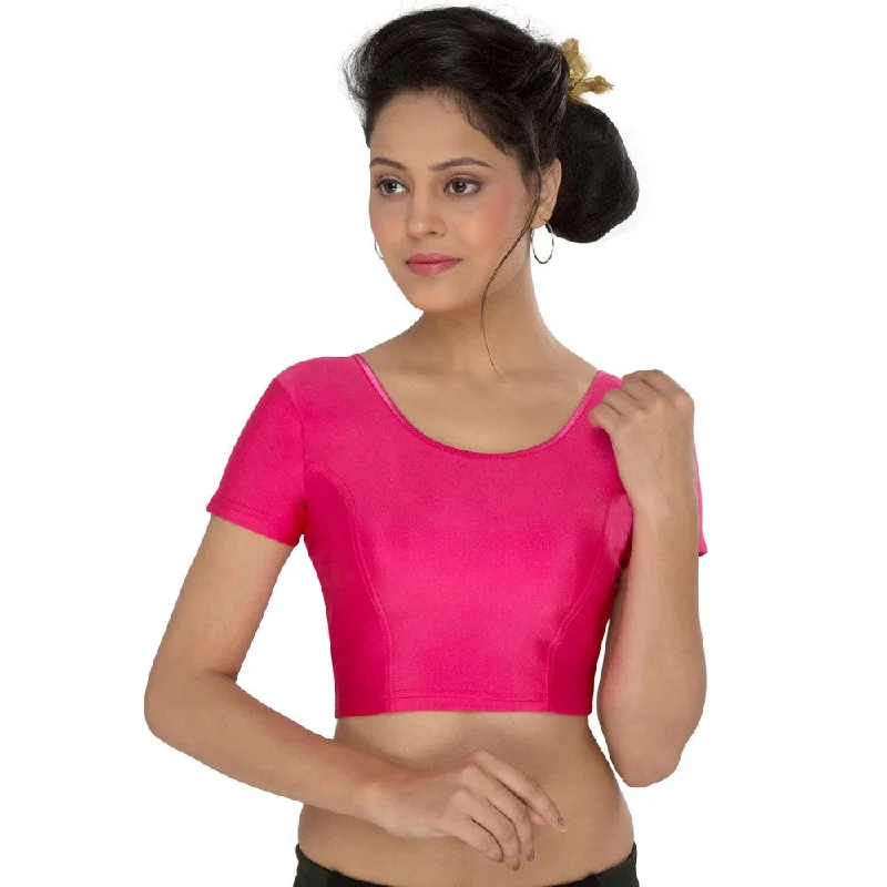 Designer Pink Non-Padded Stretchable Short Sleeves Saree Blouse Crop Top (A-10-Pink) Pleated Mini Skirt