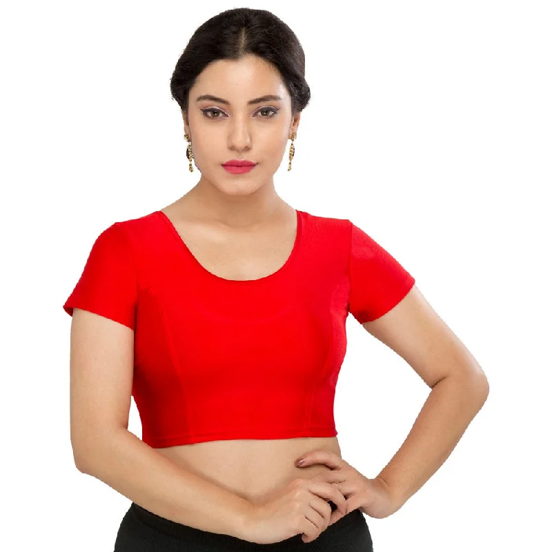 Designer Red Non-Padded Stretchable Short Sleeves Saree Blouse Crop Top (A-10-Red) Trendy Mini Skirt