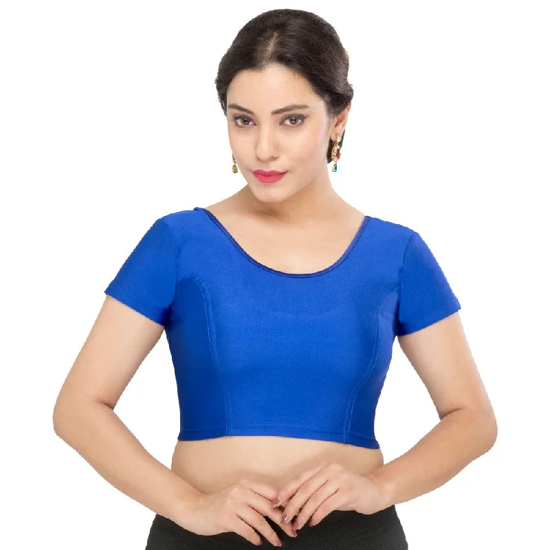 Designer Royal-Blue Non-Padded Stretchable Short Sleeves Saree Blouse Crop Top (A-10-Royal-Blue) Chic Denim Skirt