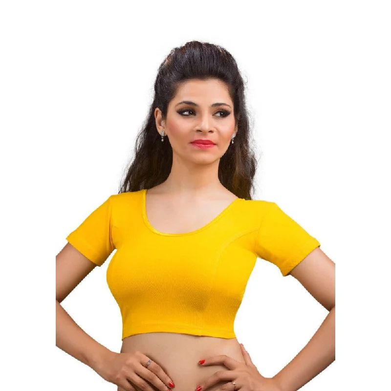 Designer Dark-Yellow Non-Padded Cotton Lycra Stretchable Short Sleeves Saree Blouse Crop Top (A-14-Dark-Yellow) Mini Skirt with Lace