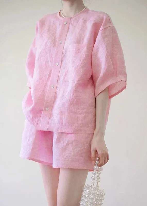 Cute Pink O-Neck Button Shirts And Shorts Two Pieces Set Summer QB020 Classic Denim Mini