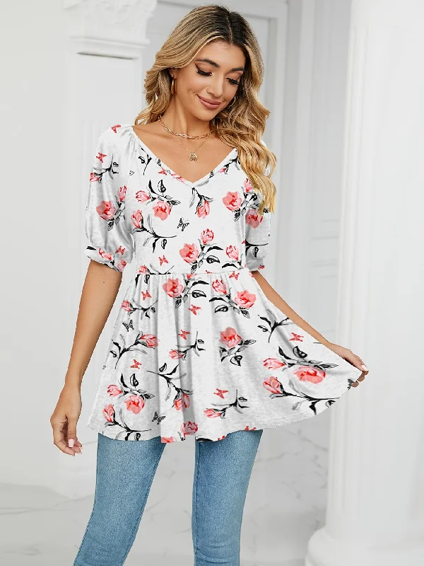 Floral Print V Neck T-shirt, Casual Loose Bubble Short Sleeve Summer Tunic T-Shirts Tops, Women's Cl AZ1006 Skater Mini Skirt