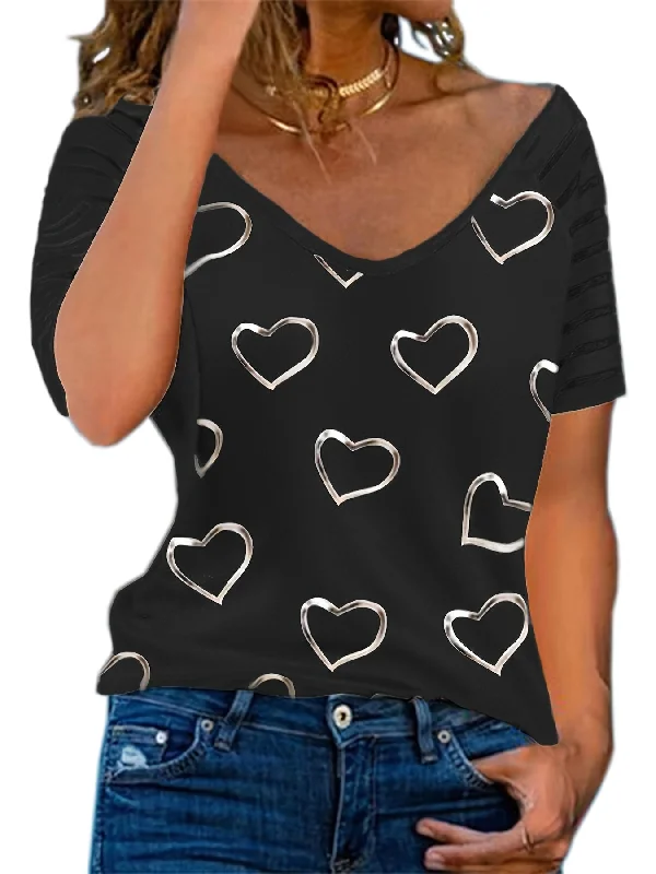 Heart Print Striped T-Shirt, Crew Neck Short Sleeve T-Shirt, Casual Every Day Tops, Women's Clothing RA1012 Mini Skirt Set