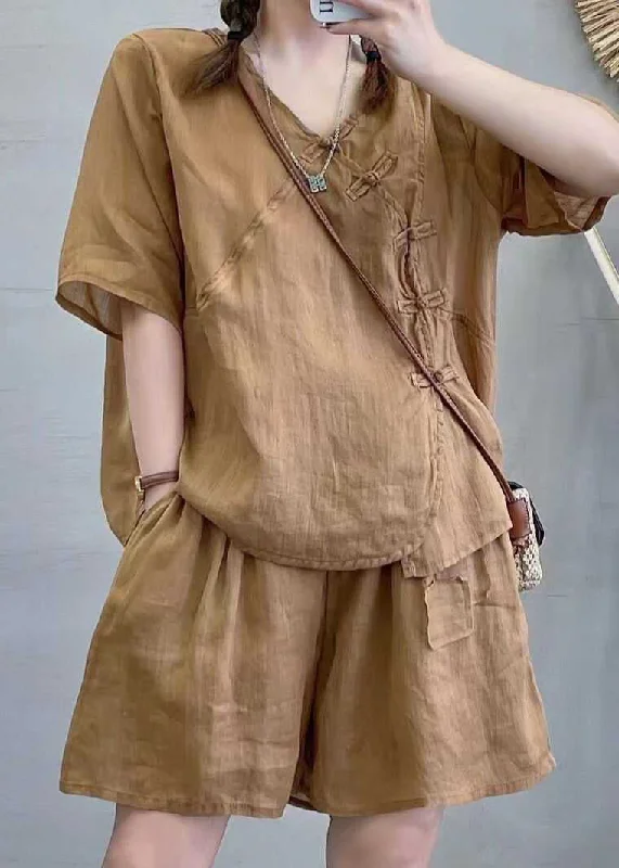 Retro Light Brown Chinese Button Tops And Shorts Cotton Two Pieces Set Summer QK016 Soft Leather Skirt