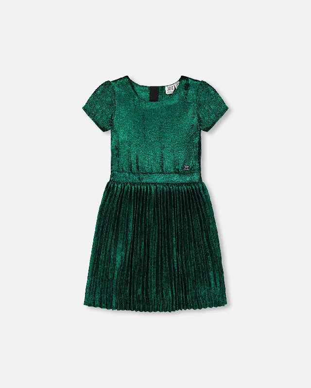 Short Sleeve Dress With Pleated Skirt Metallic Green Basic Mini Skirt