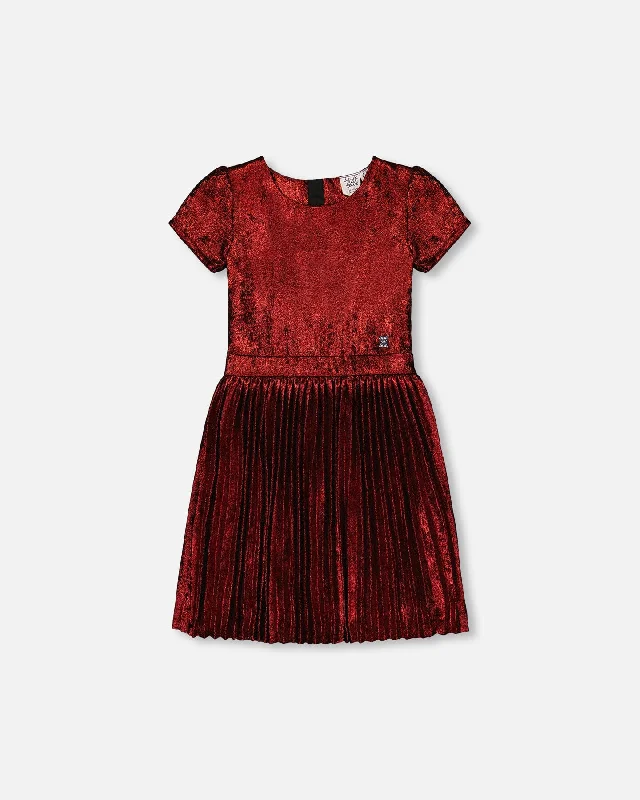 Short Sleeve Dress With Pleated Skirt Metallic Red Sexy Leather Skirt