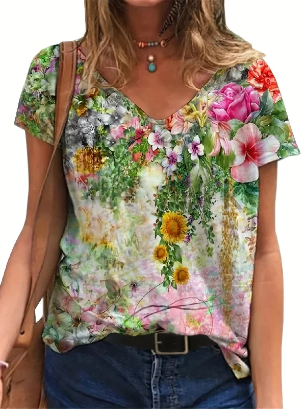 Floral Print V Neck T-Shirt, Casual Short Sleeve T-Shirt For Spring & Summer, Women's Clothing RA109 Casual Skater Skirt