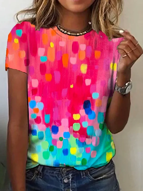 Crew Neck Casual Ombre Loose Rainbow Dot Short Sleeve T-Shirt  cc193 Black Mini Skirt