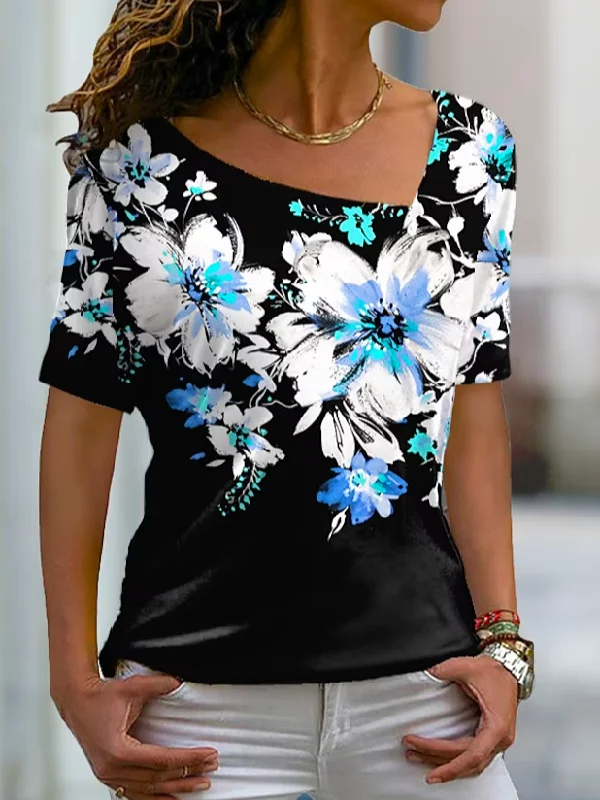 Floral Asymmetrical Casual Floral Print Short Sleeve Holiday Weekend Basic V Neck Regular T-Shirt  WS76 Front Pocket Mini Skirt