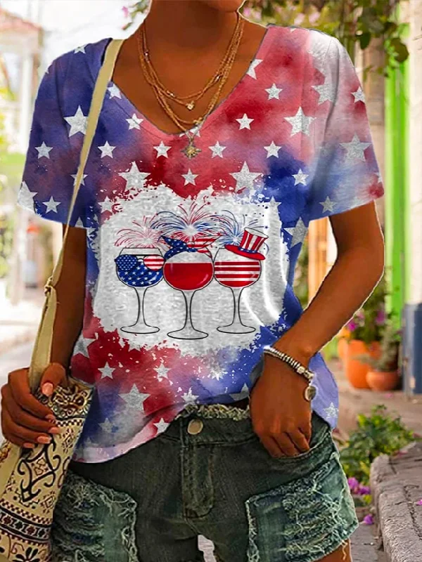 Loose America Flag Casual V Neck Women'S Star Wine Glass Print V-Neck Short-Sleeved T-Shirt  WG68 A-line Mini Skirt