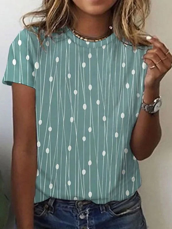 Geometric Crew Neck Casual Short Sleeve T-Shirt  cc204 Polka Dot Mini Skirt