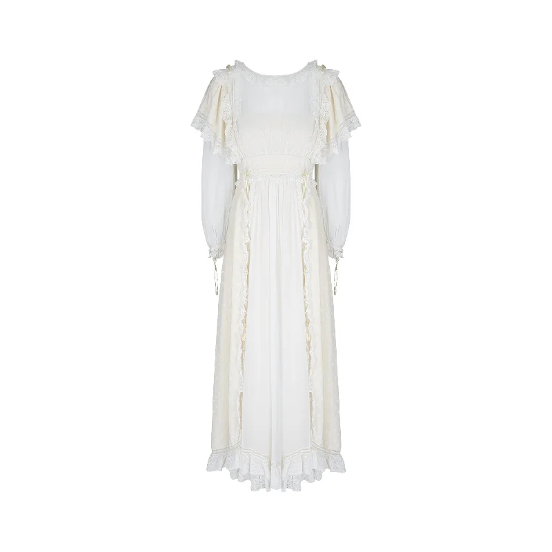 1970s Gina Fratini Cream Silk and Lace Wedding Dress Lace Dress Formal