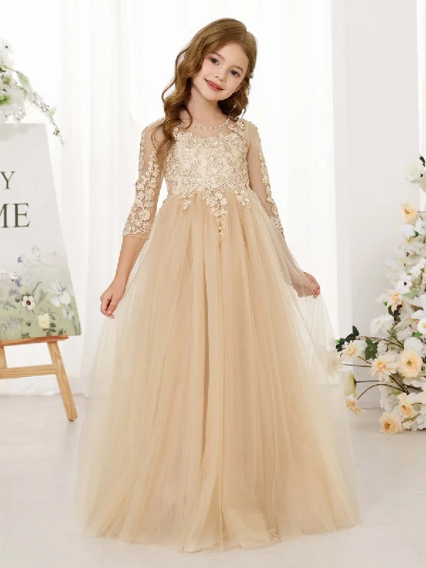 A-Line/Princess Lace 3/4 Sleeves Scoop Neck Floor-Length Flower Girl Dresses Simple Lace Gown