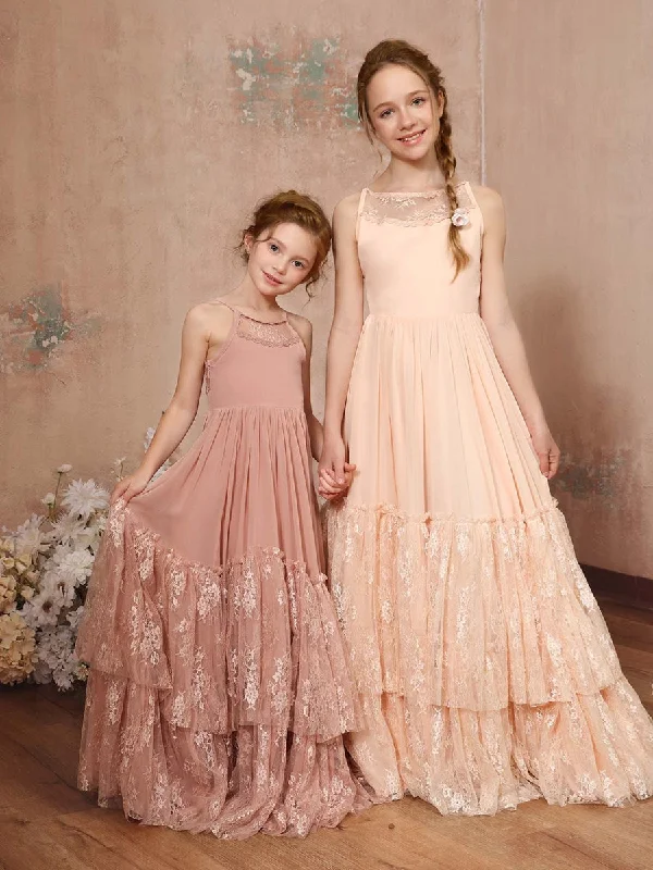 A-Line/Princess Lace Chiffon Sleeveless Scoop Neck Floor-Length Flower Girl Dresses Bohemian Lace Dress