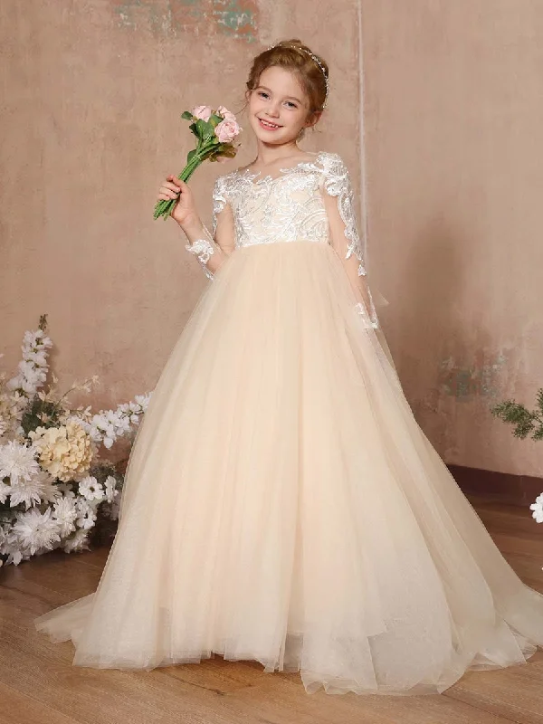 Ball-Gown Lace Long Sleeves Cap Straps Floor-Length Flower Girl Dresses Satin Lace Dress