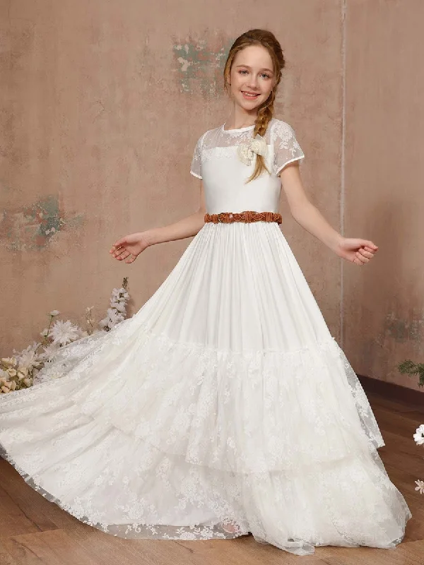 A-Line/Princess Lace Short Sleeves Scoop Neck Floor-Length Flower Girl Dresses Lace Dress Lookbook