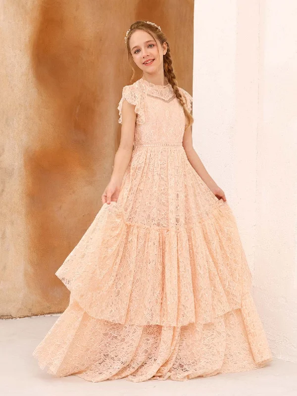 A-Line/Princess Lace Short Sleeves Scoop Neck Floor-Length Flower Girl Dresses Lace Dress for Women