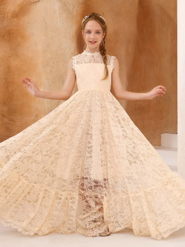 A-Line/Princess Lace Sleeveless Scoop Neck Floor-Length Flower Girl Dresses Lace Dress Appeal