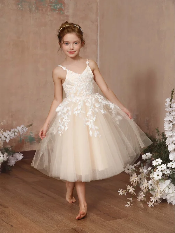 A-Line/Princess Lace Sleeveless V-Neck Tea-Length Flower Girl Dresses Lace Overlay Dress