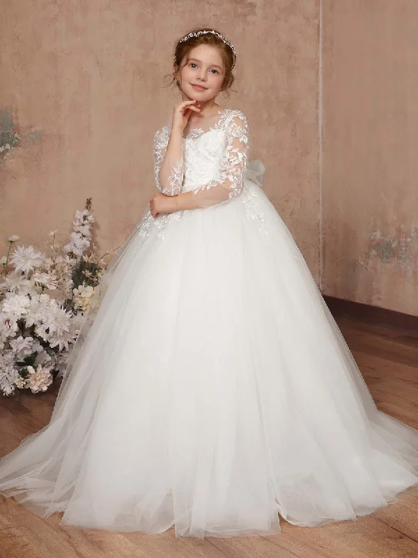 Ball-Gown Lace Tulle 3/4 Sleeves Scoop Neck Floor-Length Flower Girl Dresses Lace Dress Lace