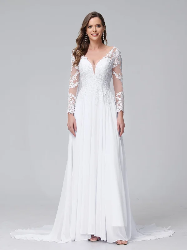 A-Line V-Neck Long Sleeves Long Chiffon Wedding Dresses with Lace Applique Lace Dress Elegance