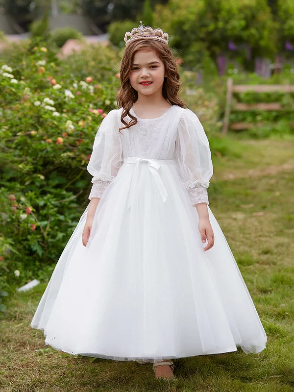 Ball Gown Scoop 3/4 Sleeves Flower Girl Dresses with Lace Lace Wedding Gown