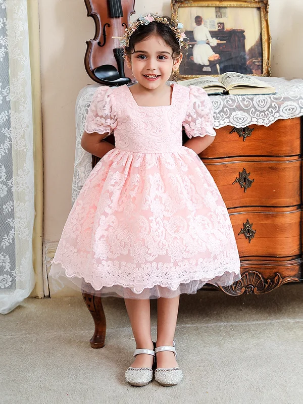 Ball Gown Square Neck Tulle Flower Girl Dresses with Lace Modern Lace Dress