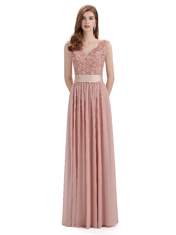 Elegant A-Line V-Neck Lace Chiffon Long Bridesmaid Dresses Lace Dress Chic