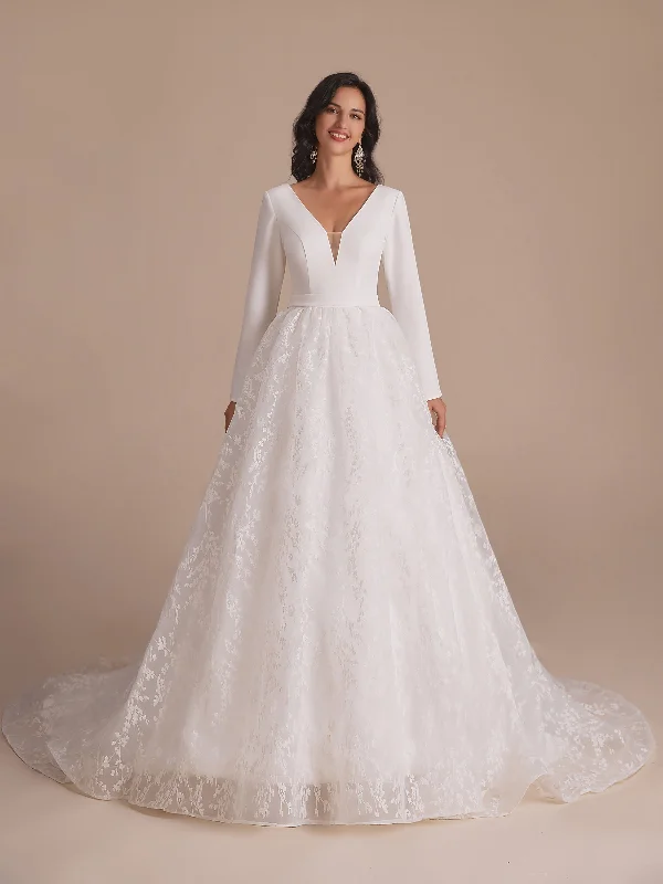 Long Sleeves V-neck A-line Backless Lace Wedding Dresses Online Lace Wedding Dress